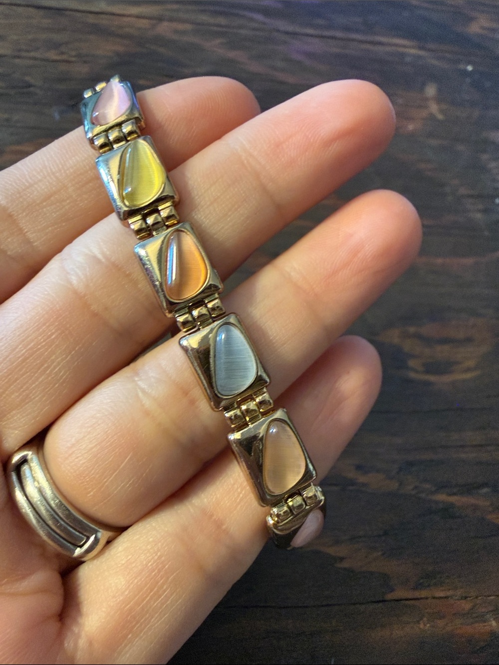 Gold Plated Magnetic Cat Eye Multicolor Stone Link with Pink & Yellow Bracelet